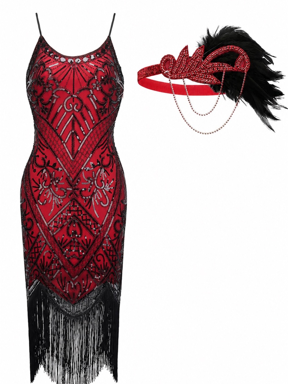 Red Beaded Fringe Flapper Dress with Feathered Headband
